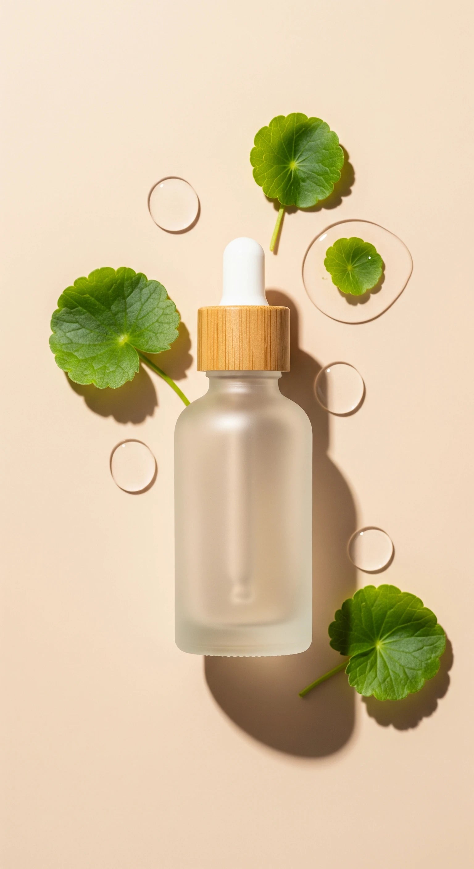 Minimalistisches K-Beauty Serum im Glasflakon mit Bambus-Pipette, umgeben von frischen Centella-Blättern und Wassertropfen auf beigem Hintergrund – Symbol für natürliche Hautpflege.