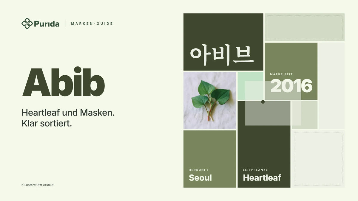 Purida Marken-Guide zu Abib: Patchwork in Markenfarben mit 아비브 in Hangul, Marke seit 2016, Leitpflanze Heartleaf, Herkunft Seoul, Zutatenfoto und Hinweis KI-unterstützt erstellt