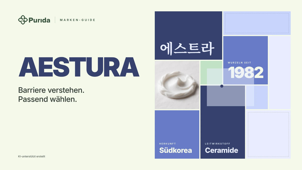 Purida Marken-Guide zu AESTURA: Patchwork in Markenfarben mit 에스트라 in Hangul, Wurzeln seit 1982, Leitwirkstoff Ceramide, Herkunft Südkorea, Zutatenfoto und Hinweis KI-unterstützt erstellt