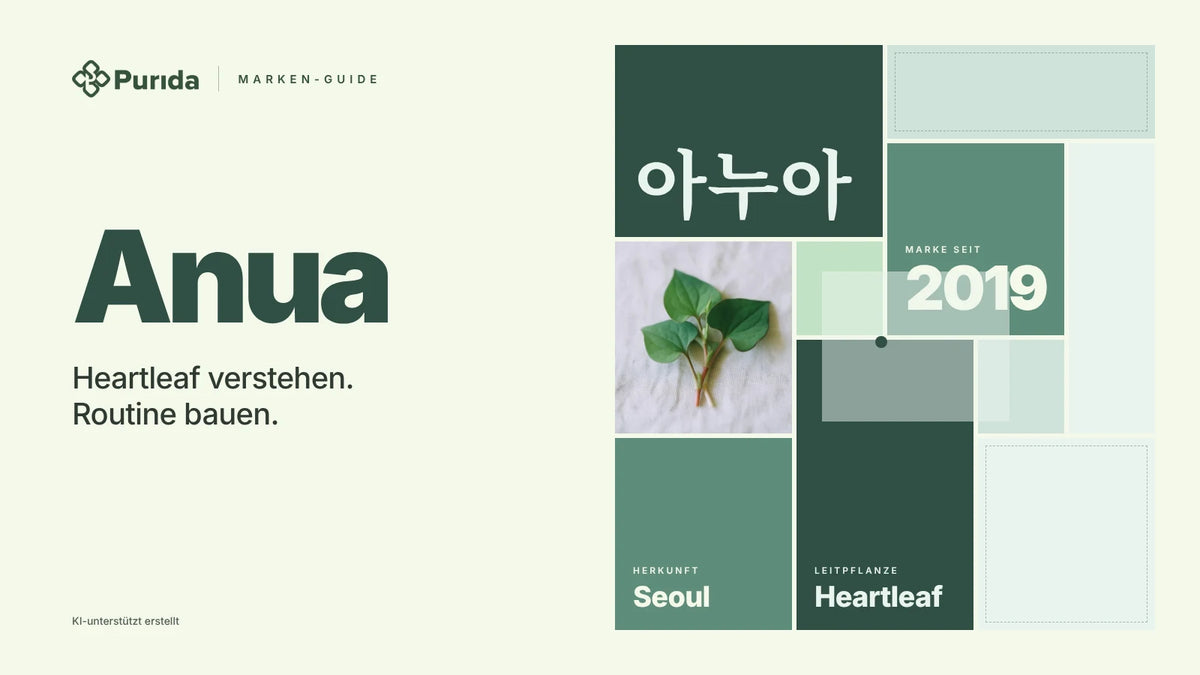 Purida Marken-Guide zu Anua: Patchwork in Markenfarben mit 아누아 in Hangul, Marke seit 2019, Leitpflanze Heartleaf, Herkunft Seoul, Zutatenfoto und Hinweis KI-unterstützt erstellt