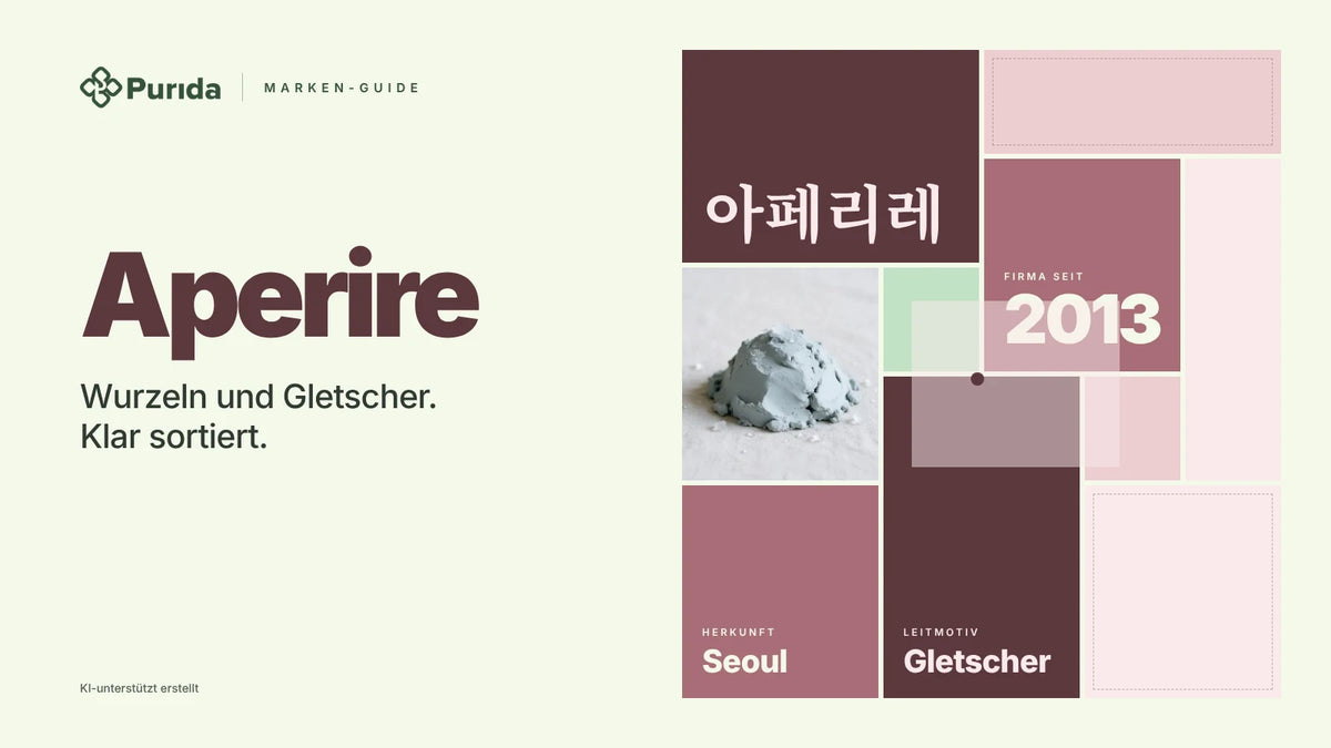 Purida Marken-Guide zu Aperire: Patchwork in Markenfarben mit 아페리레 in Hangul, Firma seit 2013, Leitmotiv Gletscher, Herkunft Seoul, Zutatenfoto und Hinweis KI-unterstützt erstellt