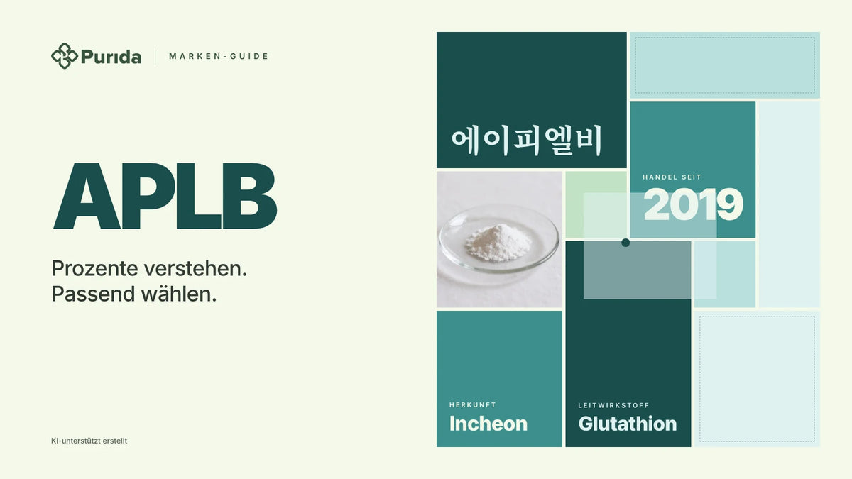 Purida Marken-Guide zu APLB: Patchwork in Markenfarben mit 에이피엘비 in Hangul, Handel seit 2019, Leitwirkstoff Glutathion, Herkunft Incheon, Zutatenfoto und Hinweis KI-unterstützt erstellt