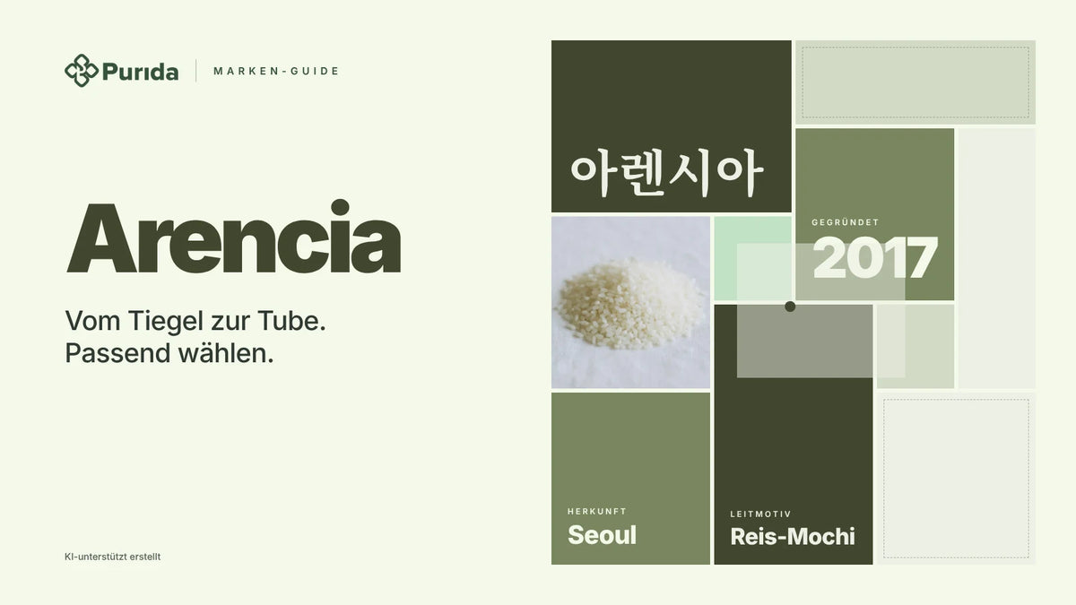 Purida Marken-Guide zu Arencia: Patchwork in Markenfarben mit 아렌시아 in Hangul, gegründet 2017, Leitmotiv Reis-Mochi, Herkunft Seoul, Zutatenfoto und Hinweis KI-unterstützt erstellt