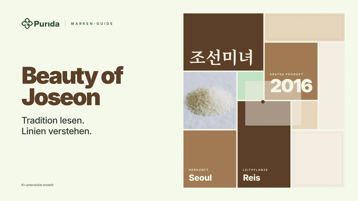 Purida Marken-Guide zu Beauty of Joseon: Patchwork in Markenfarben mit 조선미녀 in Hangul, erstes Produkt 2016, Leitpflanze Reis, Herkunft Seoul, Zutatenfoto und Hinweis KI-unterstützt erstellt