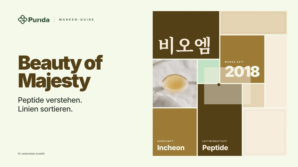 Purida Marken-Guide zu Beauty of Majesty: Patchwork in Markenfarben mit 비오엠 in Hangul, Marke seit 2018, Leitwirkstoff Peptide, Herkunft Incheon, Zutatenfoto und Hinweis KI-unterstützt erstellt