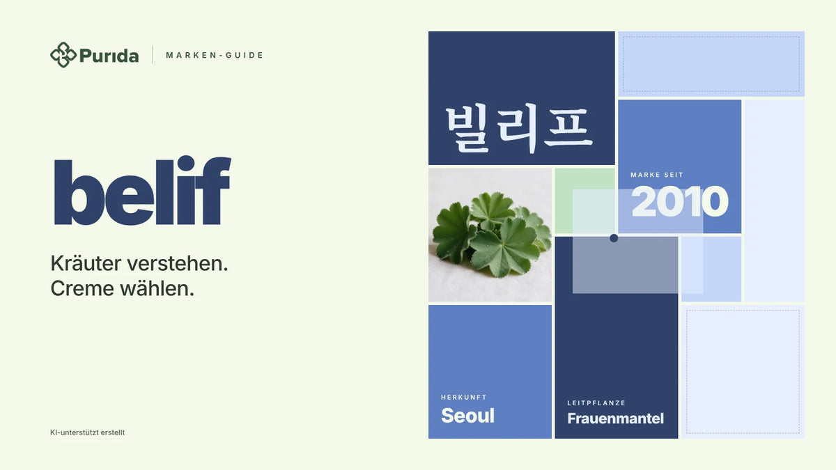 Purida Marken-Guide zu belif: Patchwork in Markenfarben mit 빌리프 in Hangul, Marke seit 2010, Leitpflanze Frauenmantel, Herkunft Seoul, Zutatenfoto und Hinweis KI-unterstützt erstellt