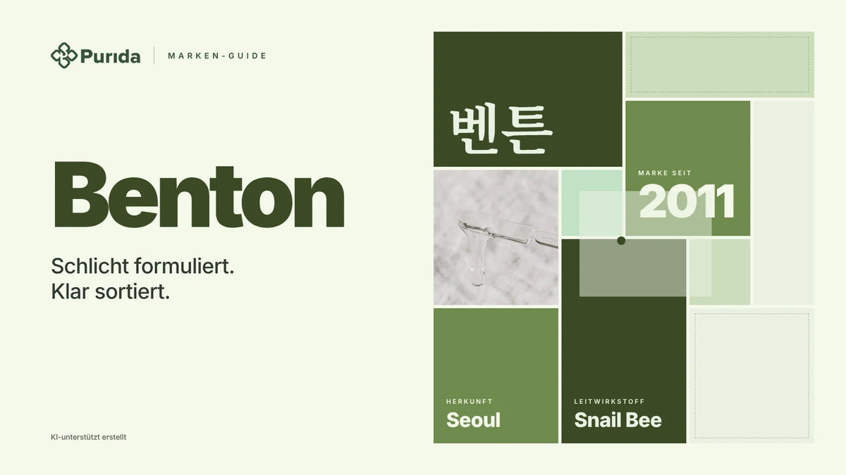 Purida Marken-Guide zu Benton: Patchwork in Markenfarben mit 벤튼 in Hangul, Marke seit 2011, Leitwirkstoff Snail Bee, Herkunft Seoul, Zutatenfoto und Hinweis KI-unterstützt erstellt