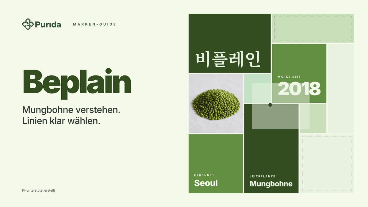 Purida Marken-Guide zu Beplain: Patchwork in Markenfarben mit 비플레인 in Hangul, Marke seit 2018, Leitpflanze Mungbohne, Herkunft Seoul, Zutatenfoto und Hinweis KI-unterstützt erstellt