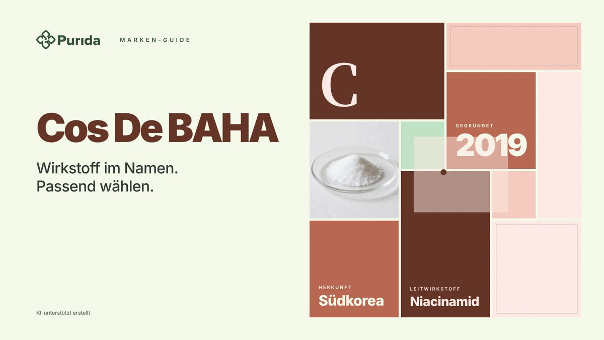 Purida Marken-Guide zu Cos De BAHA: Patchwork in Markenfarben mit der Initiale C, gegründet 2019, Leitwirkstoff Niacinamid, Herkunft Südkorea, Zutatenfoto und Hinweis KI-unterstützt erstellt