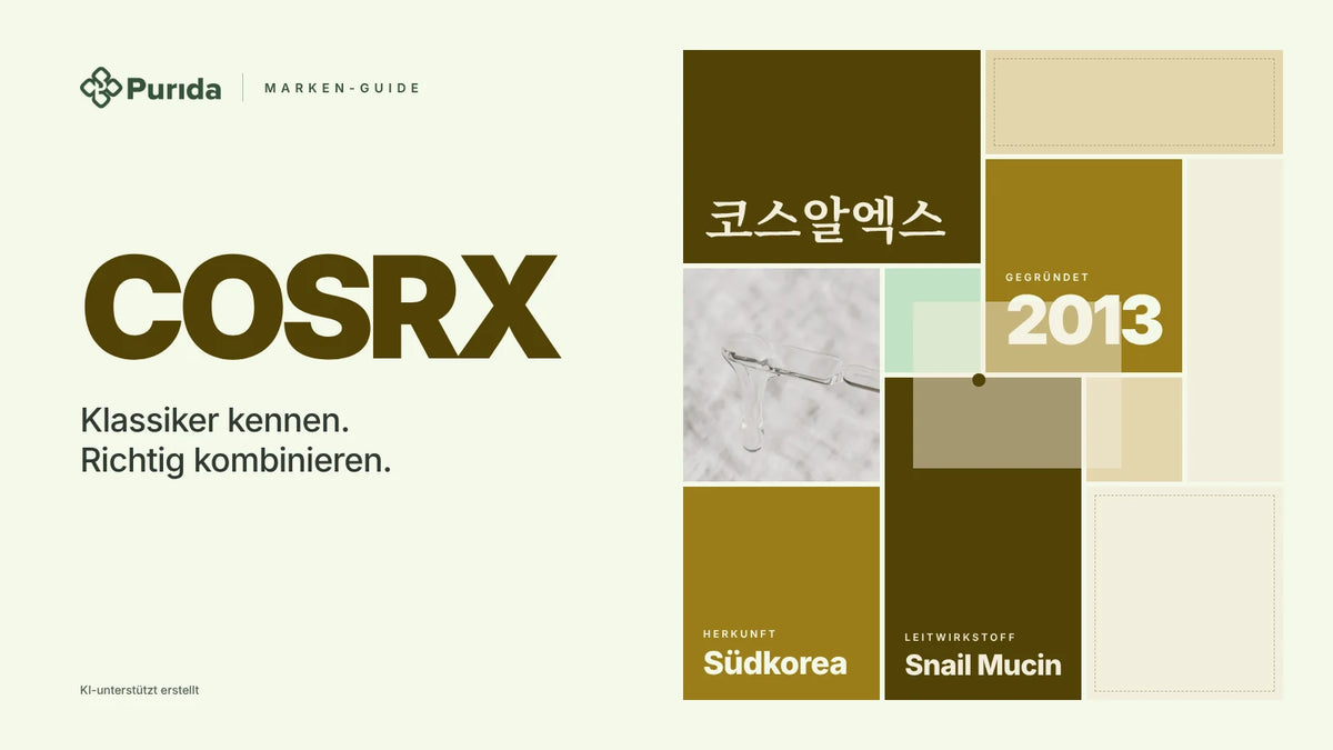 Purida Marken-Guide zu COSRX: Patchwork in Markenfarben mit 코스알엑스 in Hangul, gegründet 2013, Leitwirkstoff Snail Mucin, Herkunft Südkorea, Zutatenfoto und Hinweis KI-unterstützt erstellt