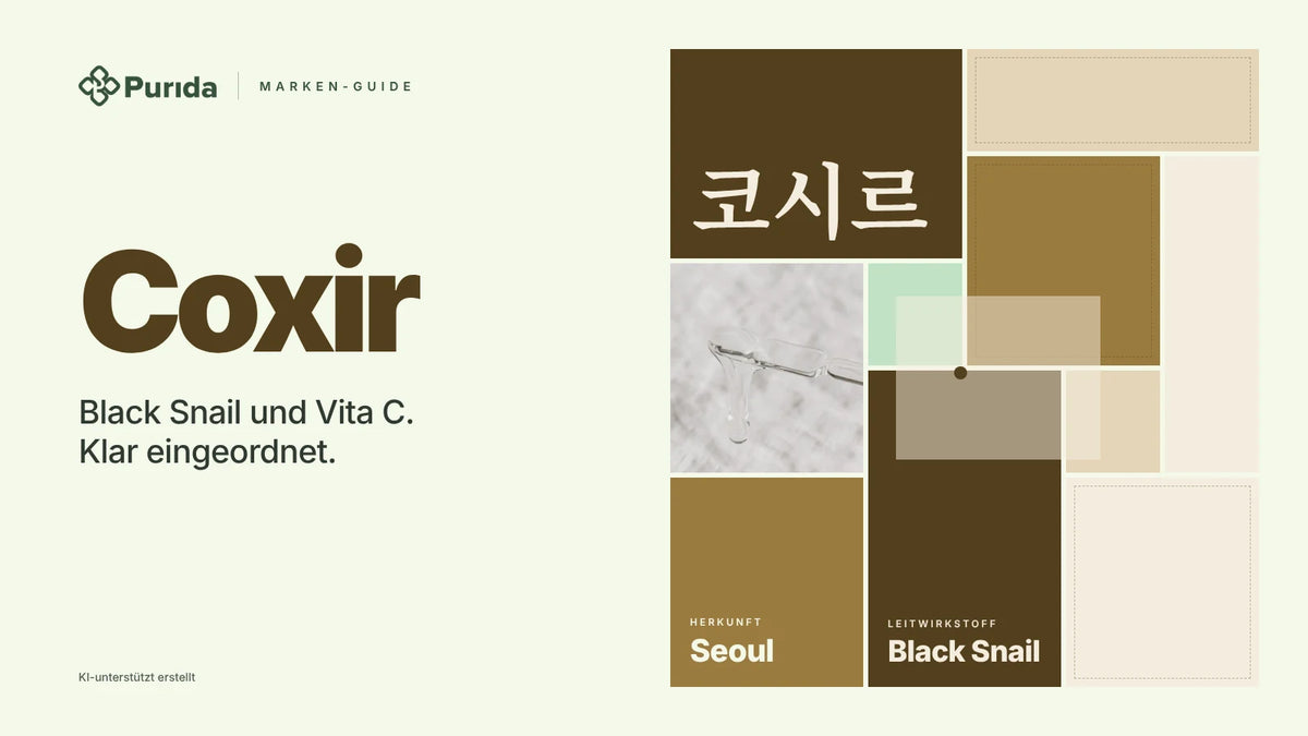Purida Marken-Guide zu Coxir: Patchwork in Markenfarben mit 코시르 in Hangul, Leitwirkstoff Black Snail, Herkunft Seoul, Zutatenfoto und Hinweis KI-unterstützt erstellt