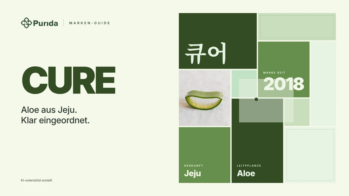 Purida Marken-Guide zu CURE: Patchwork in Markenfarben mit 큐어 in Hangul, Marke seit 2018, Leitpflanze Aloe, Herkunft Jeju, Zutatenfoto und Hinweis KI-unterstützt erstellt