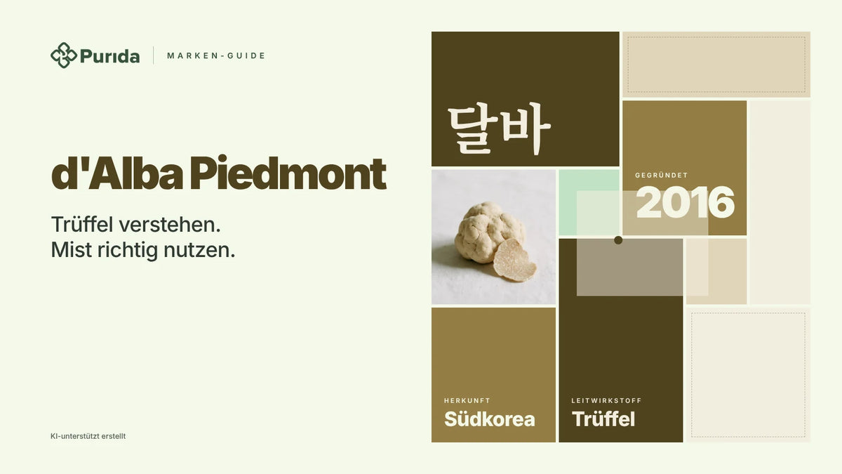 Purida Marken-Guide zu d'Alba Piedmont: Patchwork in Markenfarben mit 달바 in Hangul, gegründet 2016, Leitwirkstoff Trüffel, Herkunft Südkorea, Zutatenfoto und Hinweis KI-unterstützt erstellt