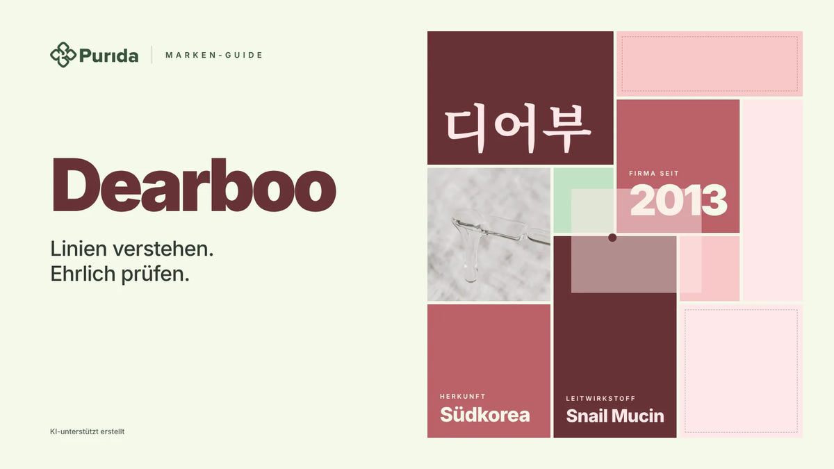 Purida Marken-Guide zu Dearboo: Patchwork in Markenfarben mit 디어부 in Hangul, Firma seit 2013, Leitwirkstoff Snail Mucin, Herkunft Südkorea, Zutatenfoto und Hinweis KI-unterstützt erstellt