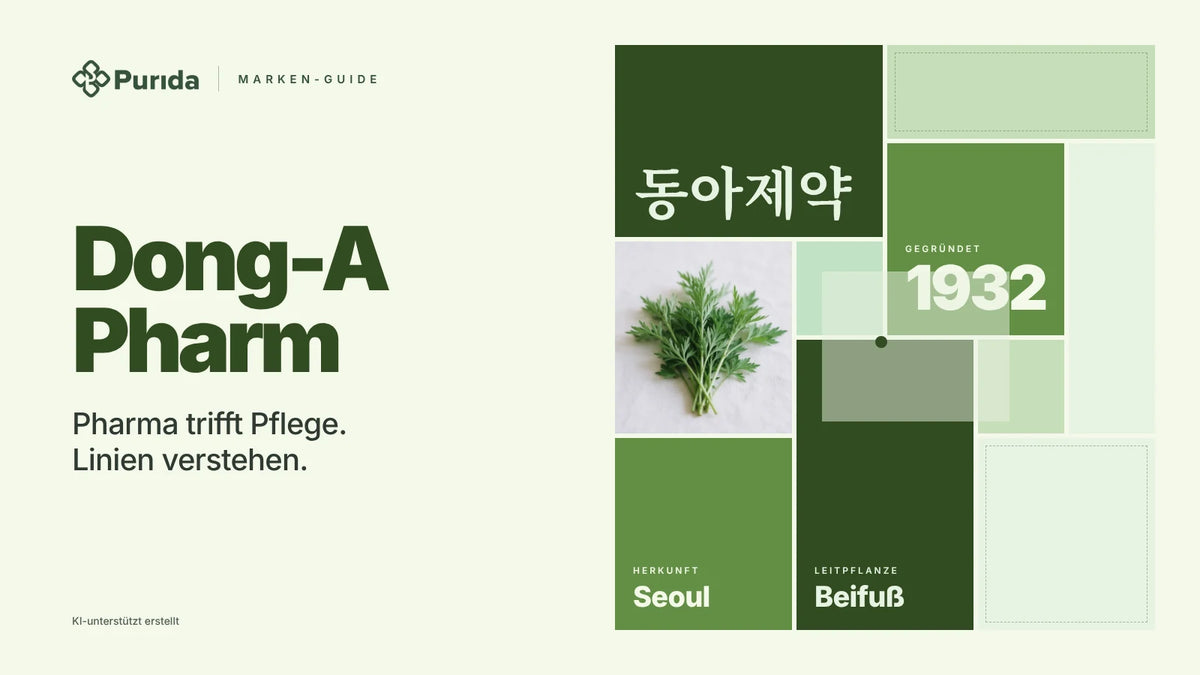 Purida Marken-Guide zu Dong-A Pharm: Patchwork in Markenfarben mit 동아제약 in Hangul, gegründet 1932, Leitpflanze Beifuß, Herkunft Seoul, Zutatenfoto und Hinweis KI-unterstützt erstellt