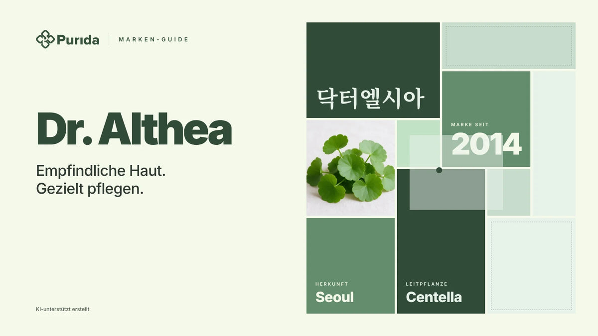 Purida Marken-Guide zu Dr. Althea: Patchwork in Markenfarben mit 닥터엘시아 in Hangul, Marke seit 2014, Leitpflanze Centella, Herkunft Seoul, Zutatenfoto und Hinweis KI-unterstützt erstellt