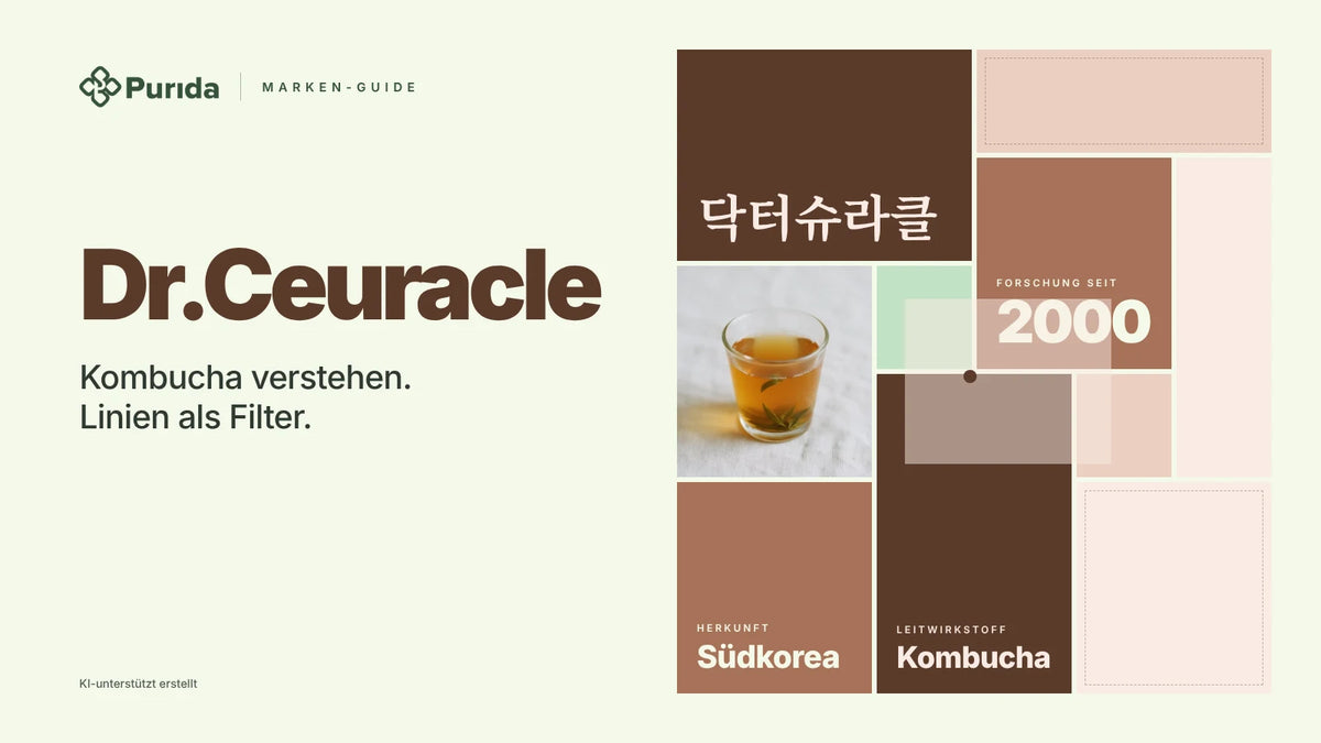 Purida Marken-Guide zu Dr.Ceuracle: Patchwork in Markenfarben mit 닥터슈라클 in Hangul, Forschung seit 2000, Leitwirkstoff Kombucha, Herkunft Südkorea, Zutatenfoto und Hinweis KI-unterstützt erstellt