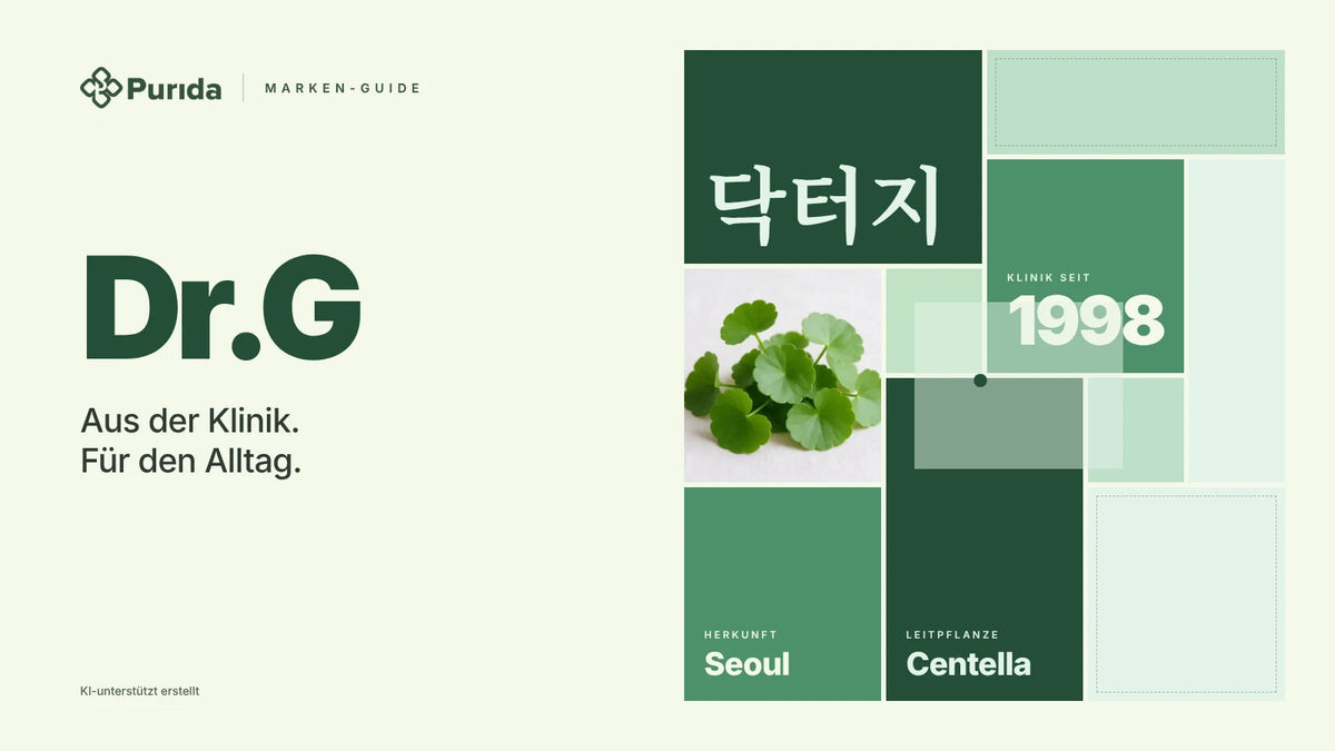 Purida Marken-Guide zu Dr.G: Patchwork in Markenfarben mit 닥터지 in Hangul, Klinik seit 1998, Leitpflanze Centella, Herkunft Seoul, Zutatenfoto und Hinweis KI-unterstützt erstellt