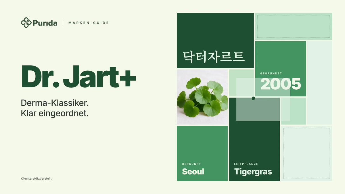 Purida Marken-Guide zu Dr. Jart+: Patchwork in Markenfarben mit 닥터자르트 in Hangul, gegründet 2005, Leitpflanze Tigergras, Herkunft Seoul, Zutatenfoto und Hinweis KI-unterstützt erstellt