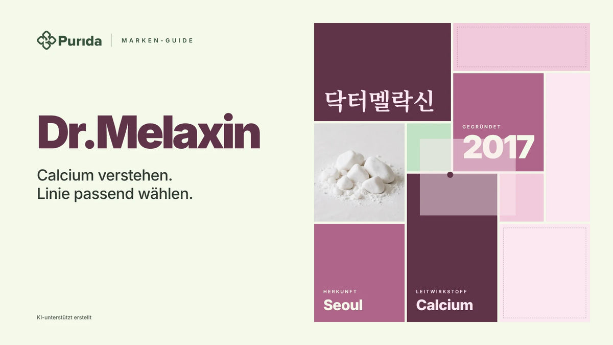Purida Marken-Guide zu Dr.Melaxin: Patchwork in Markenfarben mit 닥터멜락신 in Hangul, gegründet 2017, Leitwirkstoff Calcium, Herkunft Seoul, Zutatenfoto und Hinweis KI-unterstützt erstellt