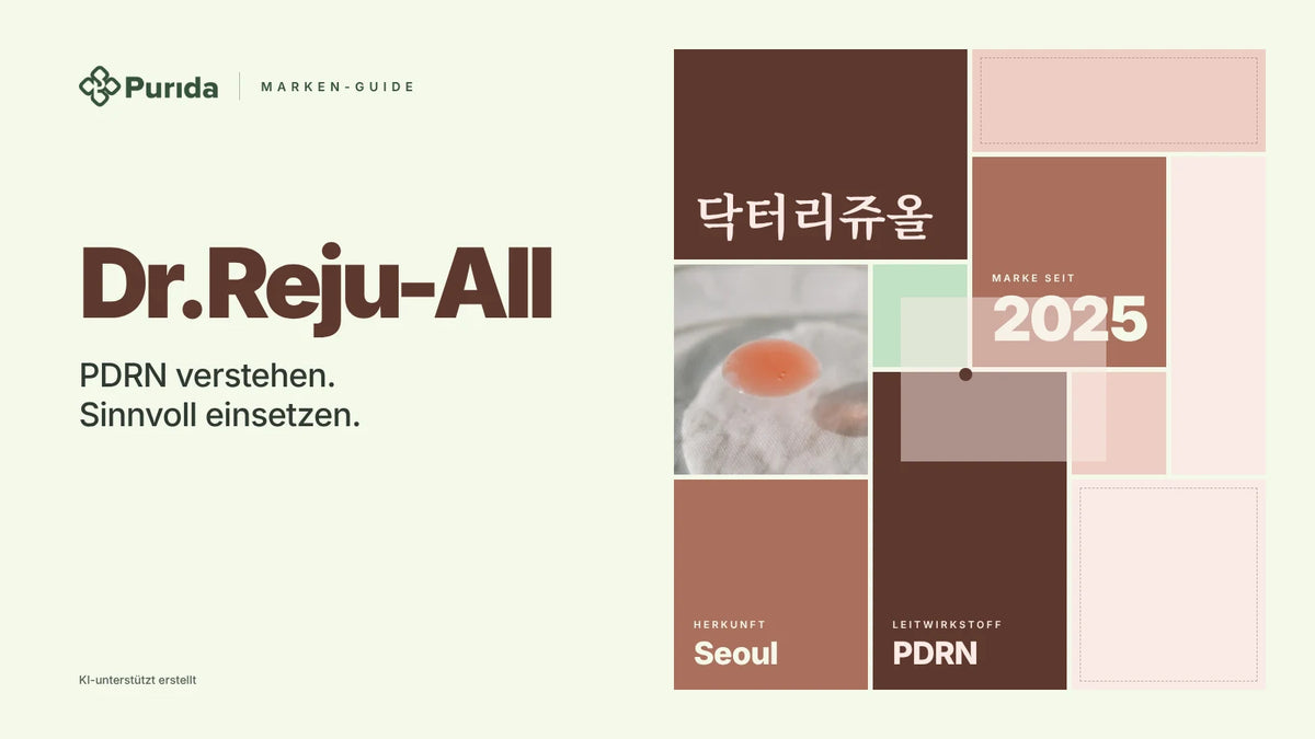 Purida Marken-Guide zu Dr.Reju-All: Patchwork in Markenfarben mit 닥터리쥬올 in Hangul, Marke seit 2025, Leitwirkstoff PDRN, Herkunft Seoul, Zutatenfoto und Hinweis KI-unterstützt erstellt