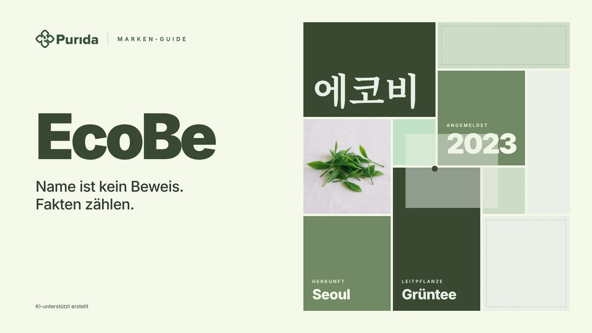 Purida Marken-Guide zu EcoBe: Patchwork in Markenfarben mit 에코비 in Hangul, angemeldet 2023, Leitpflanze Grüntee, Herkunft Seoul, Zutatenfoto und Hinweis KI-unterstützt erstellt