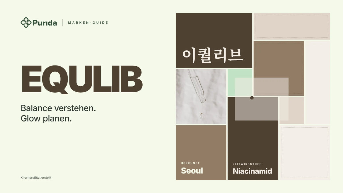 Purida Marken-Guide zu EQULIB: Patchwork in Markenfarben mit 이퀄리브 in Hangul, Leitwirkstoff Niacinamid, Herkunft Seoul, Zutatenfoto und Hinweis KI-unterstützt erstellt