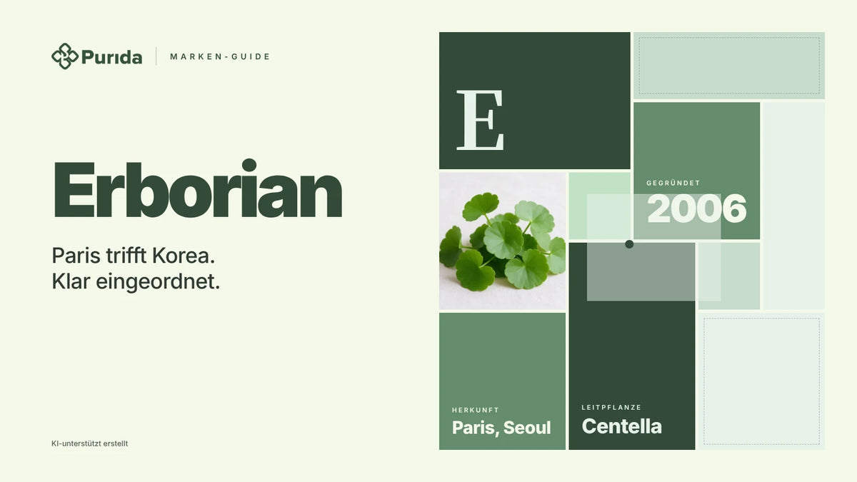Purida Marken-Guide zu Erborian: Patchwork in Markenfarben mit der Initiale E, gegründet 2006, Leitpflanze Centella, Herkunft Paris, Seoul, Zutatenfoto und Hinweis KI-unterstützt erstellt