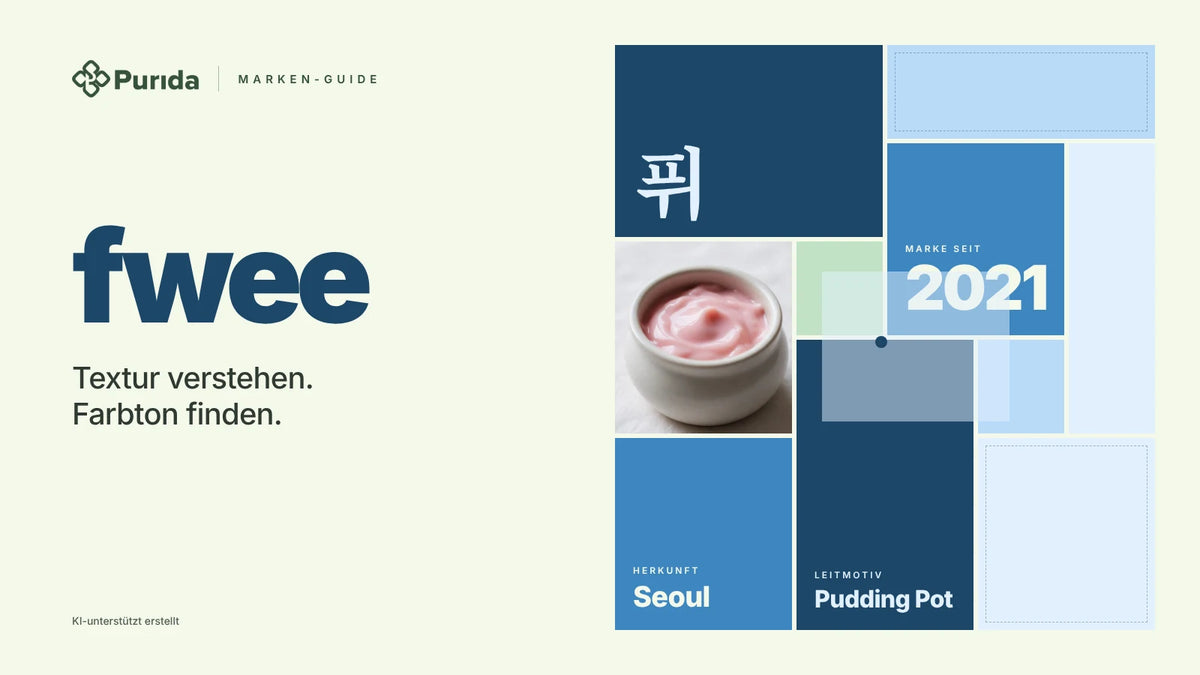 Purida Marken-Guide zu fwee: Patchwork in Markenfarben mit 퓌 in Hangul, Marke seit 2021, Leitmotiv Pudding Pot, Herkunft Seoul, Zutatenfoto und Hinweis KI-unterstützt erstellt