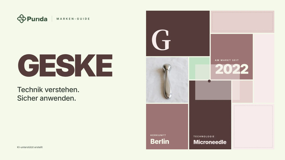 Purida Marken-Guide zu GESKE: Patchwork in Markenfarben mit der Initiale G, am Markt seit 2022, Technologie Microneedle, Herkunft Berlin, Zutatenfoto und Hinweis KI-unterstützt erstellt