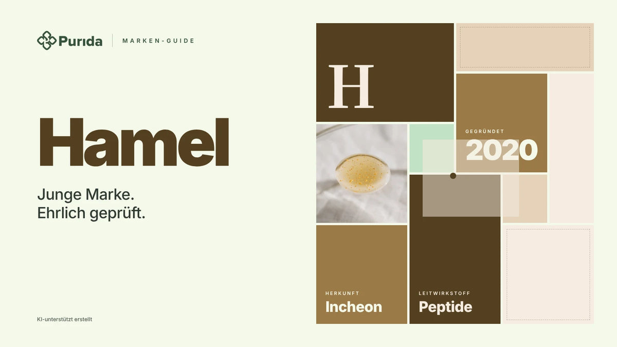 Purida Marken-Guide zu Hamel: Patchwork in Markenfarben mit der Initiale H, gegründet 2020, Leitwirkstoff Peptide, Herkunft Incheon, Zutatenfoto und Hinweis KI-unterstützt erstellt