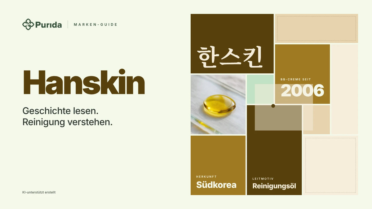 Purida Marken-Guide zu Hanskin: Patchwork in Markenfarben mit 한스킨 in Hangul, BB-Creme seit 2006, Leitmotiv Reinigungsöl, Herkunft Südkorea, Zutatenfoto und Hinweis KI-unterstützt erstellt