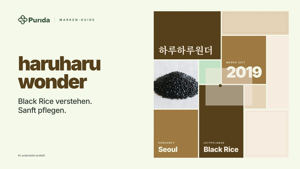 Purida Marken-Guide zu haruharu wonder: Patchwork in Markenfarben mit 하루하루원더 in Hangul, Marke seit 2019, Leitpflanze Black Rice, Herkunft Seoul, Zutatenfoto und Hinweis KI-unterstützt erstellt