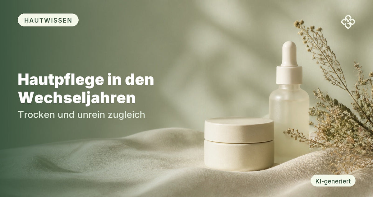 Hautpflege in den Wechseljahren: Cremetiegel und Serum auf Leinen in ruhigem Grün