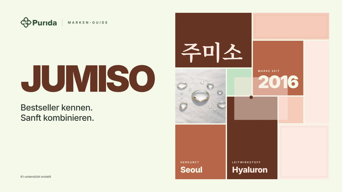 Purida Marken-Guide zu JUMISO: Patchwork in Markenfarben mit 주미소 in Hangul, Marke seit 2016, Leitwirkstoff Hyaluron, Herkunft Seoul, Zutatenfoto und Hinweis KI-unterstützt erstellt