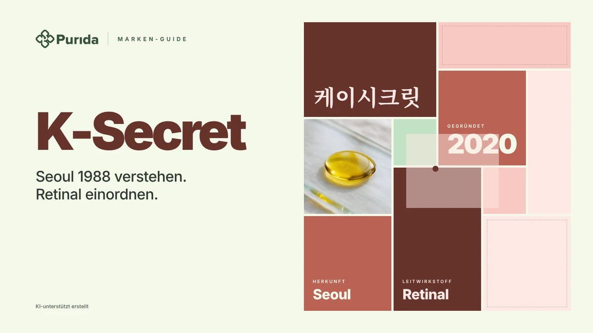 Purida Marken-Guide zu K-Secret: Patchwork in Markenfarben mit 케이시크릿 in Hangul, gegründet 2020, Leitwirkstoff Retinal, Herkunft Seoul, Zutatenfoto und Hinweis KI-unterstützt erstellt