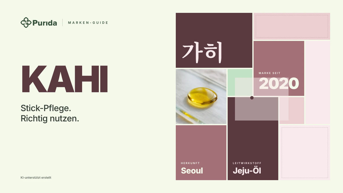 Purida Marken-Guide zu KAHI: Patchwork in Markenfarben mit 가히 in Hangul, Marke seit 2020, Leitwirkstoff Jeju-Öl, Herkunft Seoul, Zutatenfoto und Hinweis KI-unterstützt erstellt