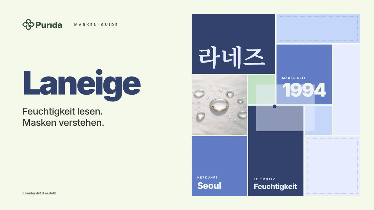 Purida Marken-Guide zu Laneige: Patchwork in Markenfarben mit 라네즈 in Hangul, Marke seit 1994, Leitmotiv Feuchtigkeit, Herkunft Seoul, Zutatenfoto und Hinweis KI-unterstützt erstellt