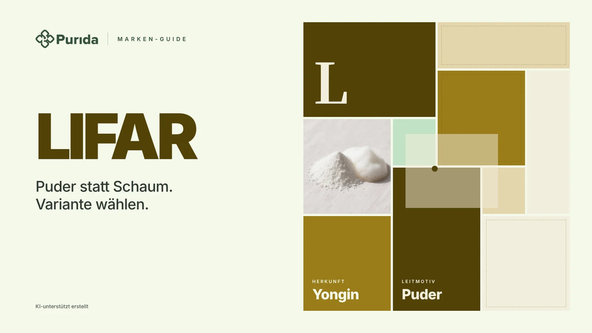 Purida Marken-Guide zu LIFAR: Patchwork in Markenfarben mit der Initiale L, Leitmotiv Puder, Herkunft Yongin, Zutatenfoto und Hinweis KI-unterstützt erstellt