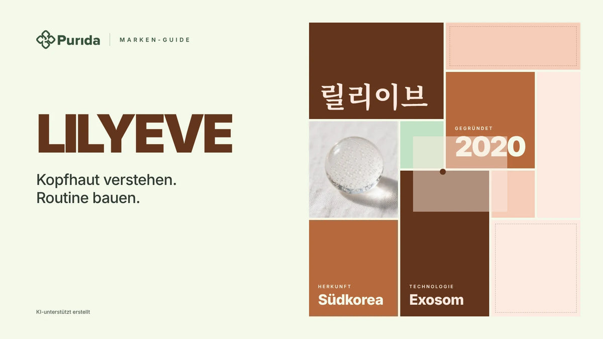 Purida Marken-Guide zu LILYEVE: Patchwork in Markenfarben mit 릴리이브 in Hangul, gegründet 2020, Technologie Exosom, Herkunft Südkorea, Zutatenfoto und Hinweis KI-unterstützt erstellt
