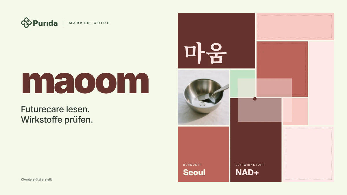 Purida Marken-Guide zu maoom: Patchwork in Markenfarben mit 마움 in Hangul, Leitwirkstoff NAD+, Herkunft Seoul, Zutatenfoto und Hinweis KI-unterstützt erstellt