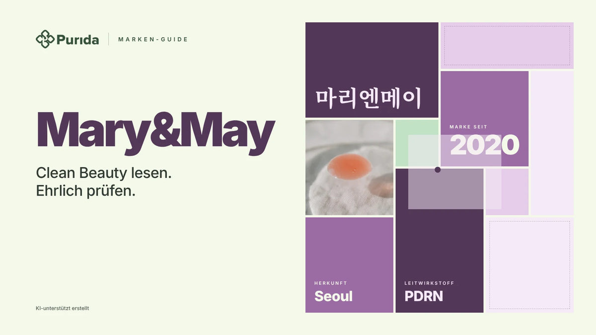 Purida Marken-Guide zu Mary&May: Patchwork in Markenfarben mit 마리엔메이 in Hangul, Marke seit 2020, Leitwirkstoff PDRN, Herkunft Seoul, Zutatenfoto und Hinweis KI-unterstützt erstellt