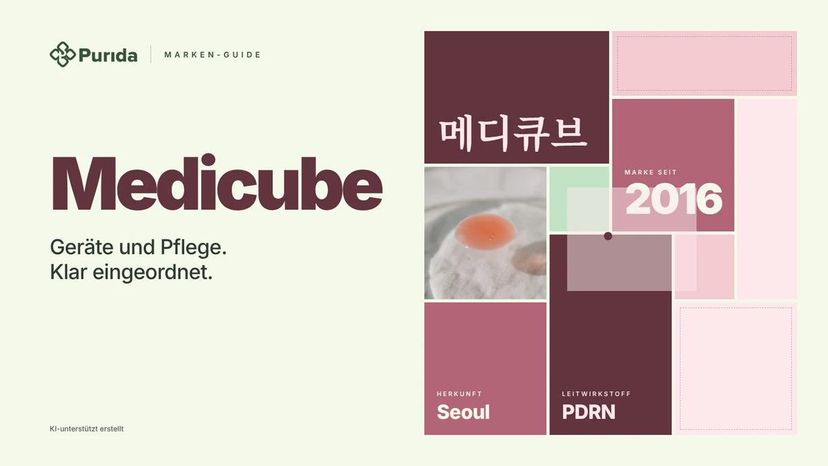 Purida Marken-Guide zu Medicube: Patchwork in Markenfarben mit 메디큐브 in Hangul, Marke seit 2016, Leitwirkstoff PDRN, Herkunft Seoul, Zutatenfoto und Hinweis KI-unterstützt erstellt