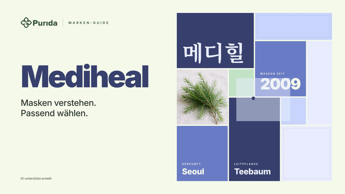 Purida Marken-Guide zu Mediheal: Patchwork in Markenfarben mit 메디힐 in Hangul, Masken seit 2009, Leitpflanze Teebaum, Herkunft Seoul, Zutatenfoto und Hinweis KI-unterstützt erstellt
