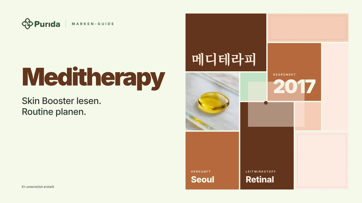 Purida Marken-Guide zu Meditherapy: Patchwork in Markenfarben mit 메디테라피 in Hangul, gegründet 2017, Leitwirkstoff Retinal, Herkunft Seoul, Zutatenfoto und Hinweis KI-unterstützt erstellt