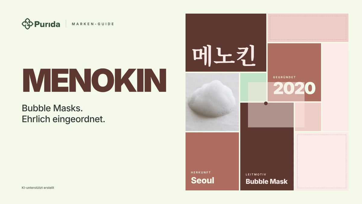 Purida Marken-Guide zu MENOKIN: Patchwork in Markenfarben mit 메노킨 in Hangul, gegründet 2020, Leitmotiv Bubble Mask, Herkunft Seoul, Zutatenfoto und Hinweis KI-unterstützt erstellt