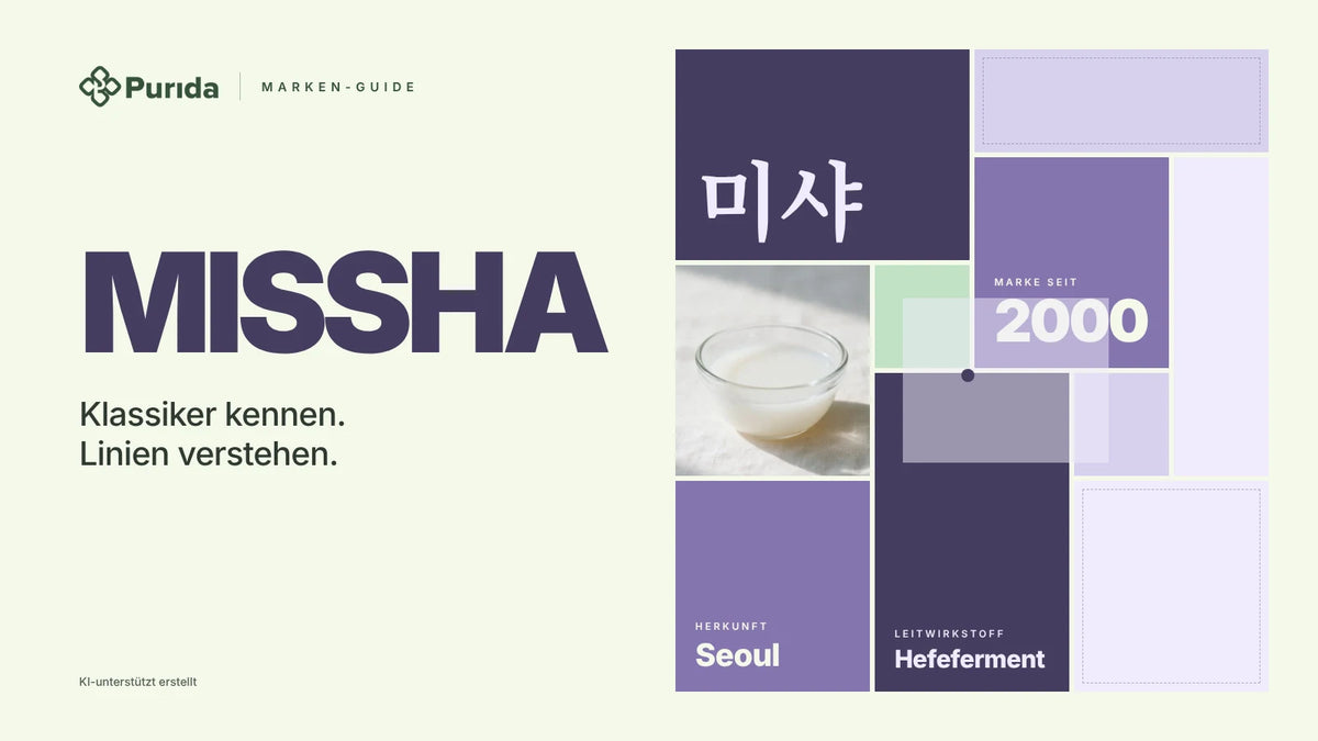 Purida Marken-Guide zu MISSHA: Patchwork in Markenfarben mit 미샤 in Hangul, Marke seit 2000, Leitwirkstoff Hefeferment, Herkunft Seoul, Zutatenfoto und Hinweis KI-unterstützt erstellt