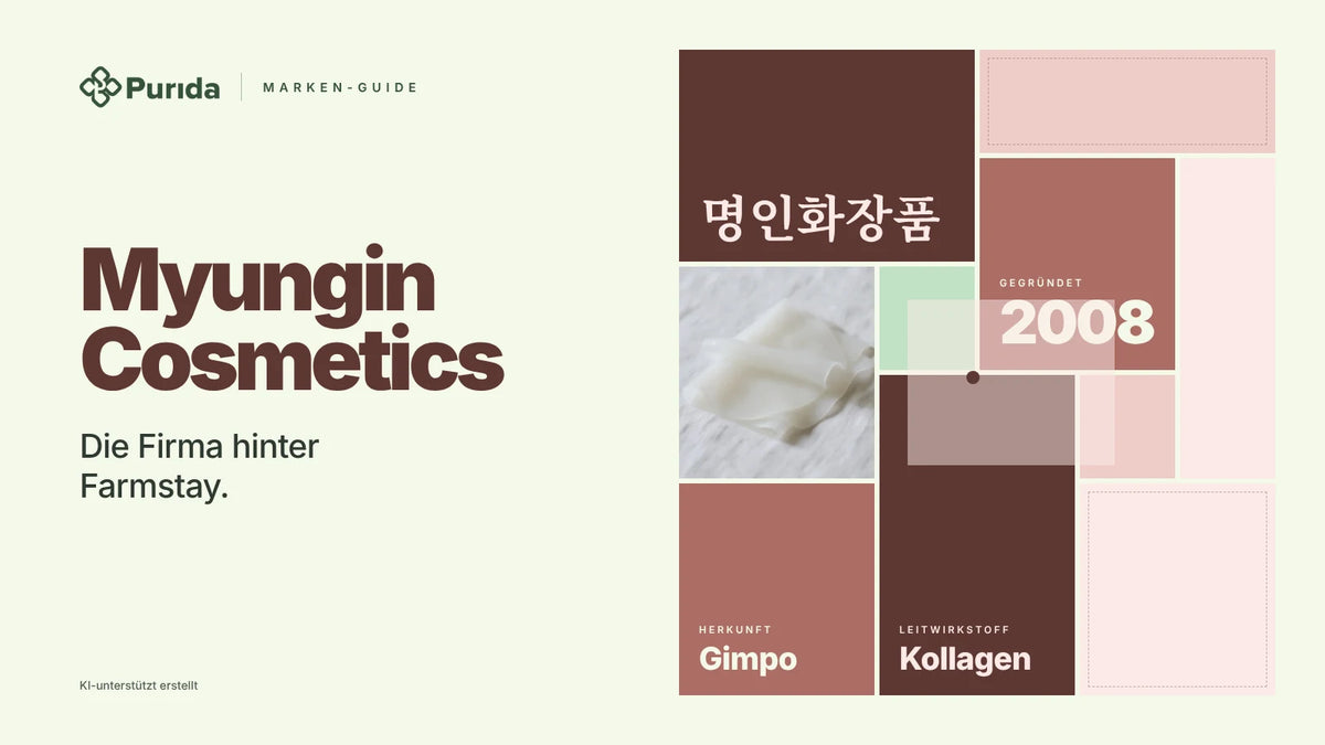 Purida Marken-Guide zu Myungin Cosmetics: Patchwork in Markenfarben mit 명인화장품 in Hangul, gegründet 2008, Leitwirkstoff Kollagen, Herkunft Gimpo, Zutatenfoto und Hinweis KI-unterstützt erstellt