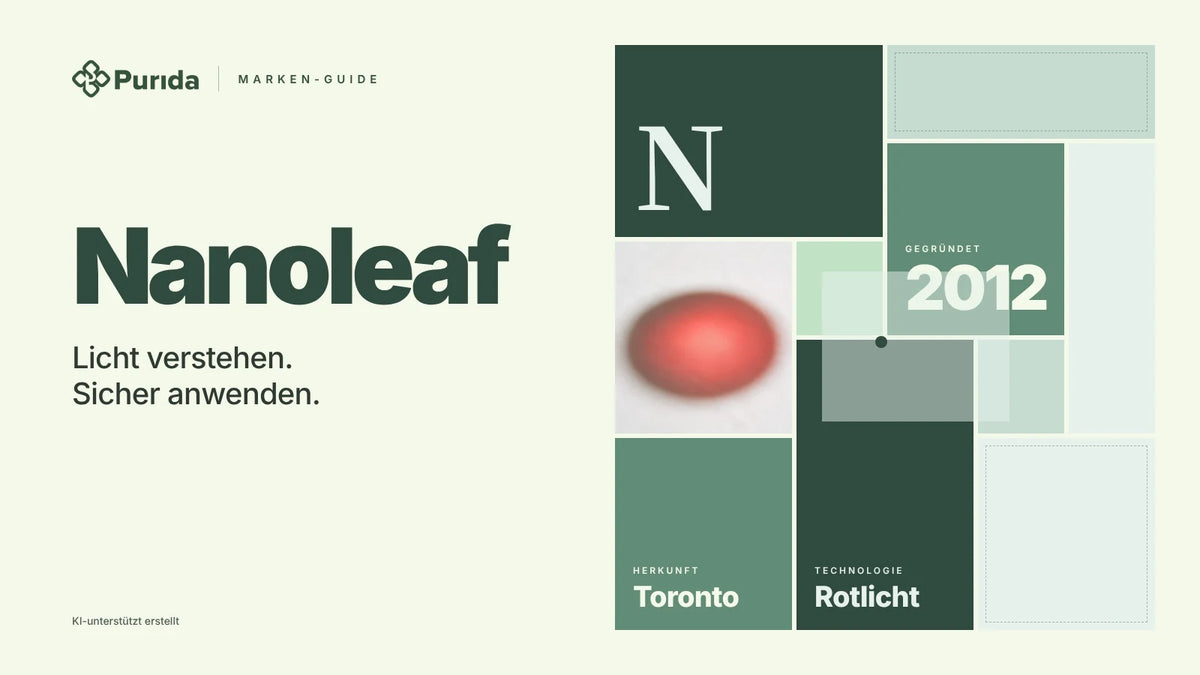 Purida Marken-Guide zu Nanoleaf: Patchwork in Markenfarben mit der Initiale N, gegründet 2012, Technologie Rotlicht, Herkunft Toronto, Zutatenfoto und Hinweis KI-unterstützt erstellt