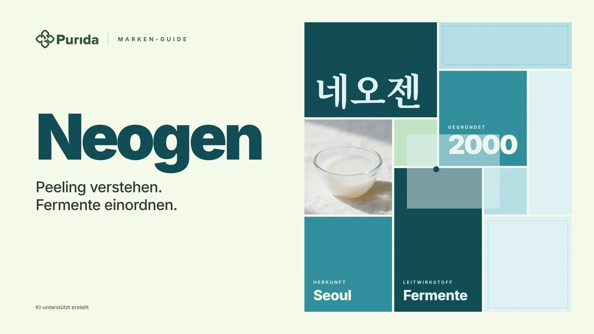 Purida Marken-Guide zu Neogen: Patchwork in Markenfarben mit 네오젠 in Hangul, gegründet 2000, Leitwirkstoff Fermente, Herkunft Seoul, Zutatenfoto und Hinweis KI-unterstützt erstellt